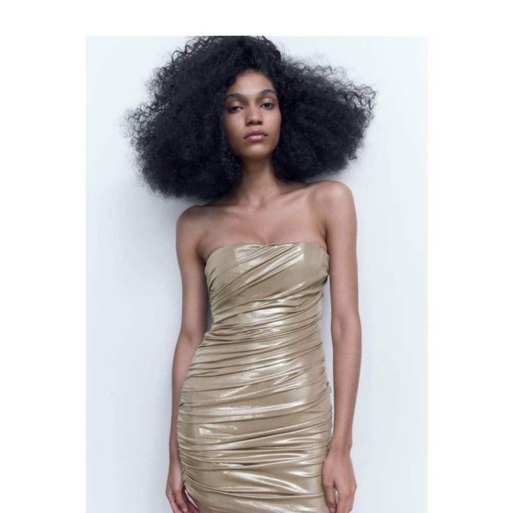 Zara metallic gold strapless mini dress